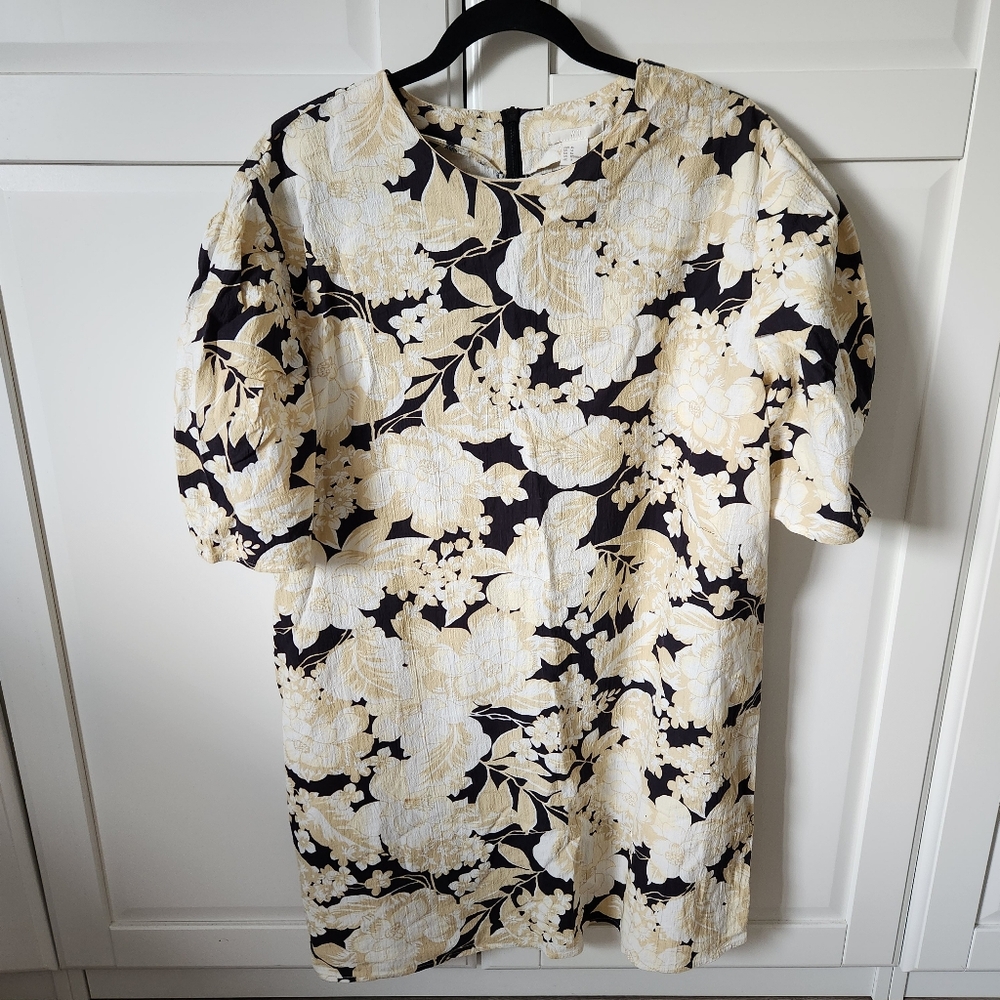 H&M yellow black floral dress puffy sleeves Size 16